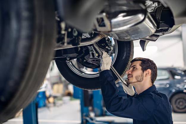 Mechanic working on an engine in a repair shop.